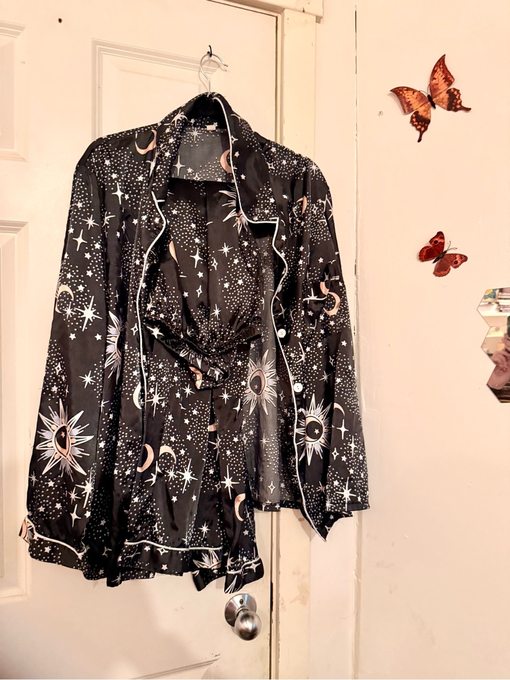 Celestial Print Black Satin Pajama Top and Pants Set